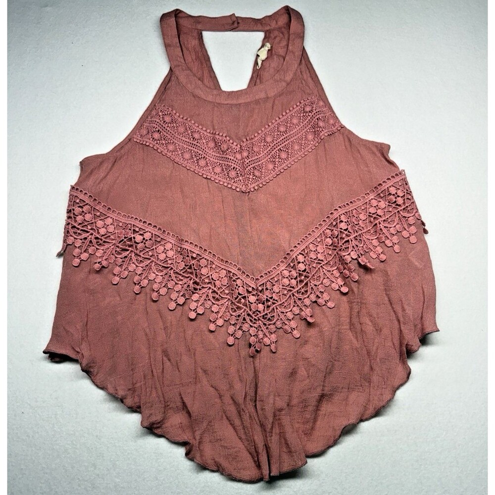 Rebellion Women’s 1X Boho Halter Top Coral Lace Crochet Sleeveless Plus Size